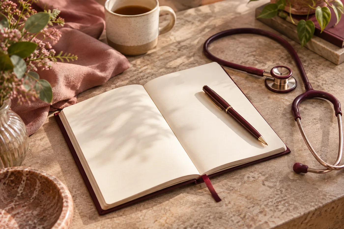 מחברת פתוחה עם עט וסטטוסקופ על שולחן אבן בהיר